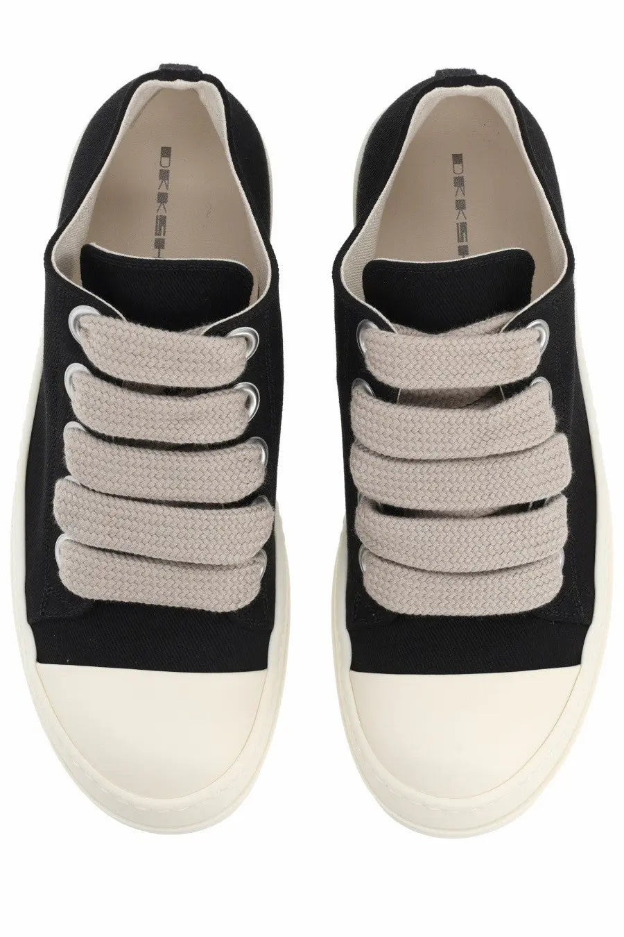 Drkshdw men’s jumbolace low sneaks black canvas sneakers with thick off-white rubber soles and textured beige laces