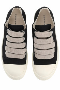 Drkshdw men’s jumbolace low sneaks black canvas sneakers with thick off-white rubber soles and textured beige laces