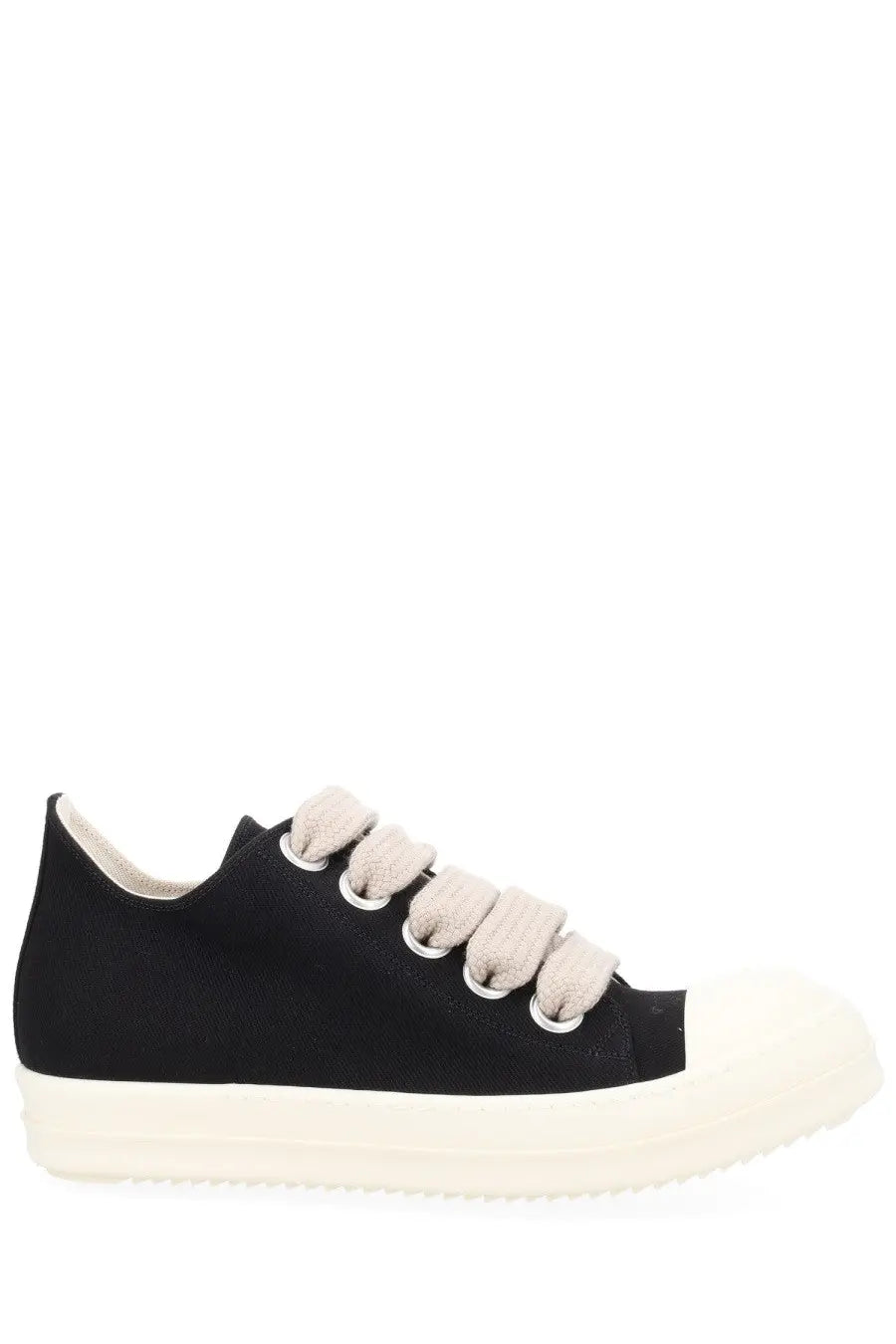 Drkshdw men’s jumbolace low sneaks sneaker black with black canvas, cream suede laces, and thick white rubber sole