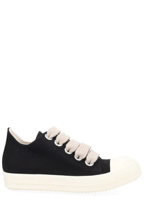 Drkshdw men’s jumbolace low sneaks sneaker black with black canvas, cream suede laces, and thick white rubber sole