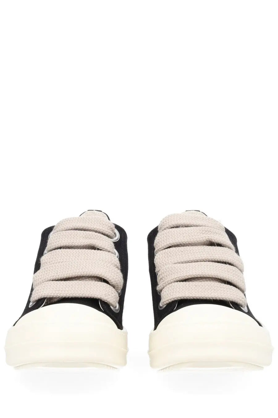 Drkshdw men’s jumbolace low sneaks sneaker black with thick off-white rubber soles and wide textured beige laces