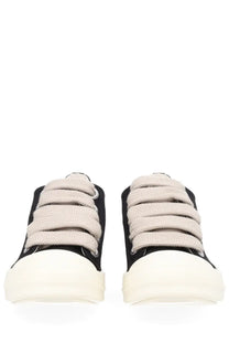 Drkshdw men’s jumbolace low sneaks sneaker black with thick off-white rubber soles and wide textured beige laces