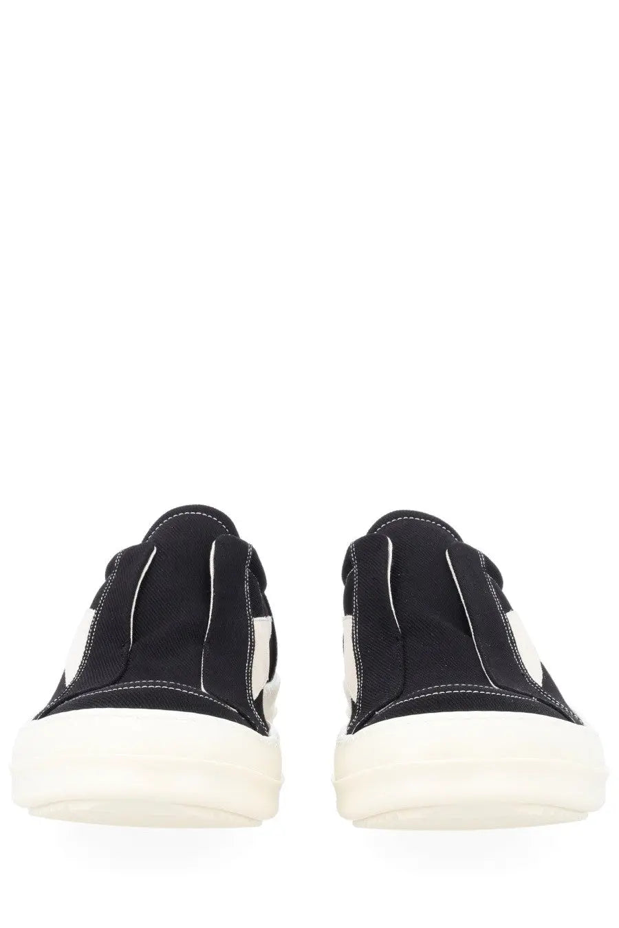 Drkshdw men’s laceless vintage black canvas slip-on sneakers with white rubber soles and contrasting white stitching