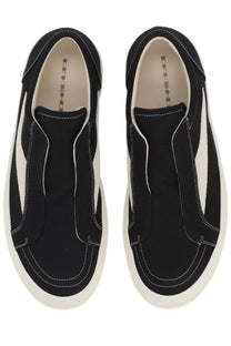 Drkshdw men’s black canvas slip-on sneakers with white rubber soles and contrasting stitching in laceless vintage style