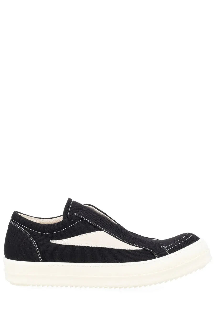 Drkshdw men’s laceless vintage sneaks black canvas slip-on sneaker with white rubber sole and triangular panel