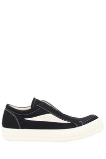 Drkshdw men’s laceless vintage sneaks black canvas slip-on sneaker with white rubber sole and triangular panel