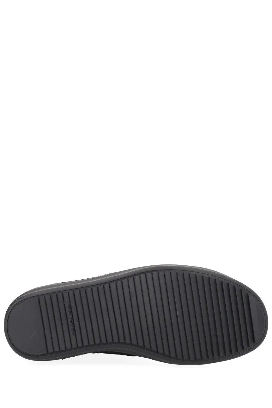 Black rubber sole with textured ribbed pattern of drkshdw men’s laceless vintage sneaks sneaker black