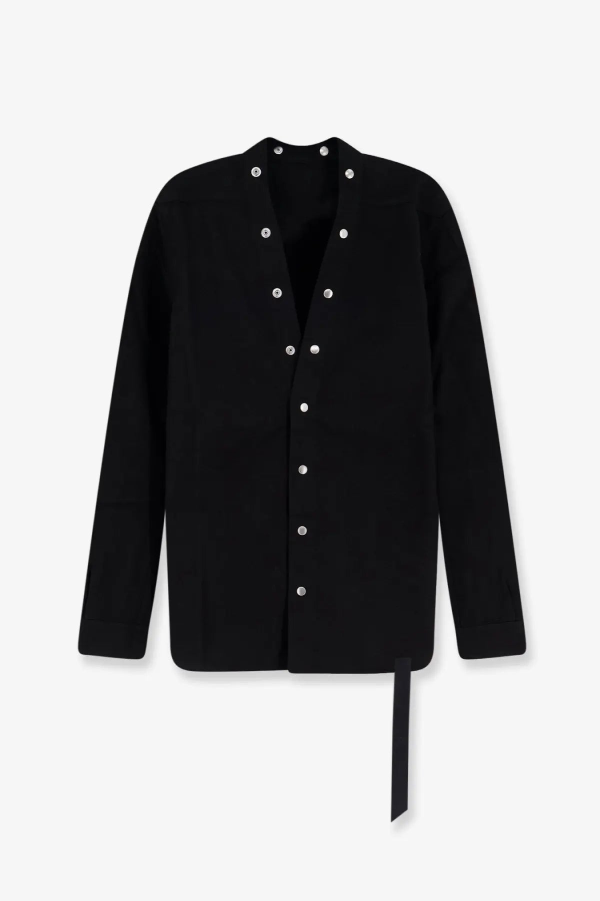 Drkshdw men’s larry cotton shirt black long-sleeved button-up with silver buttons and tie at the hem
