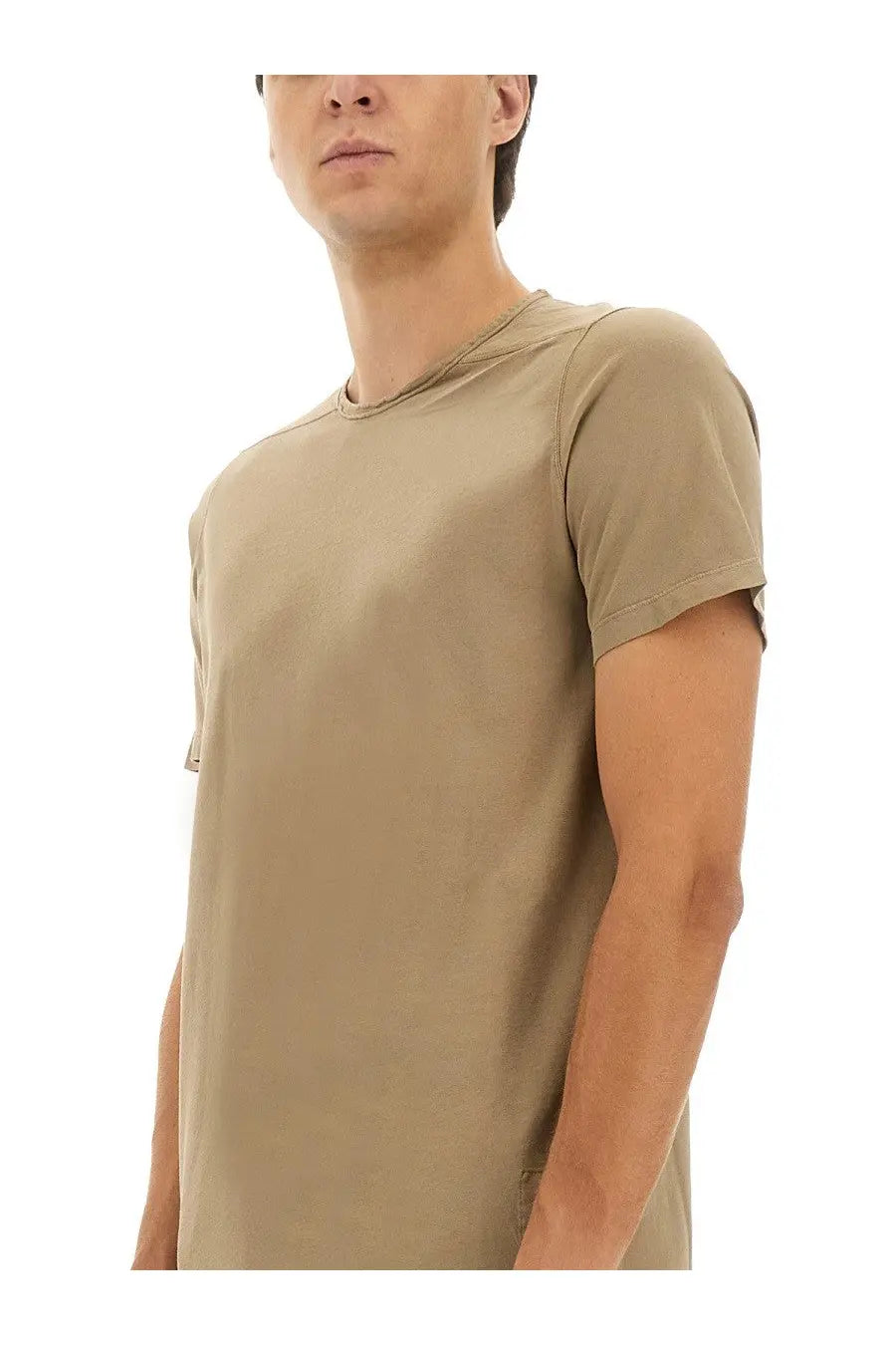 Beige short-sleeved crew neck cotton t-shirt for men from DRKSHDW Level collection shown from the front