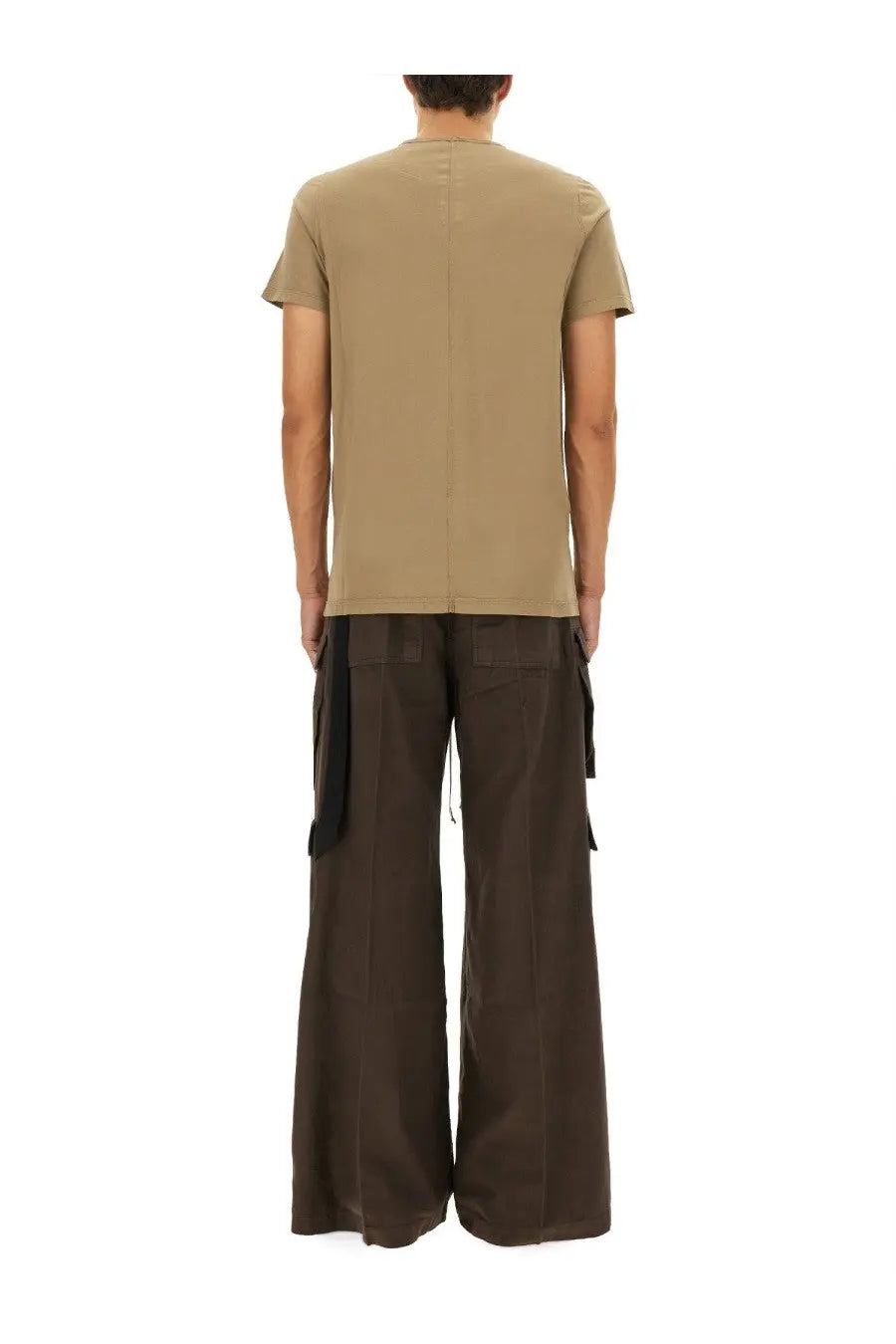 Beige short-sleeved drkshdw men’s level shirt showing back side with subtle vertical seam down center