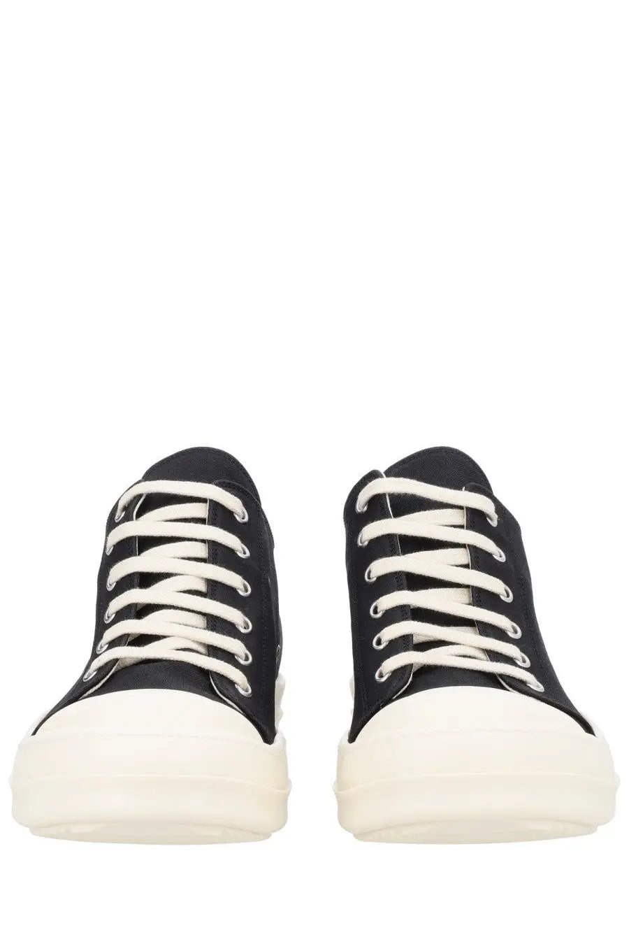 Drkshdw men’s low sneaks black canvas high-top sneakers with white laces and thick off-white rubber sole