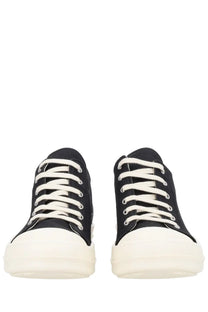 Drkshdw men’s low sneaks black canvas high-top sneakers with white laces and thick off-white rubber sole
