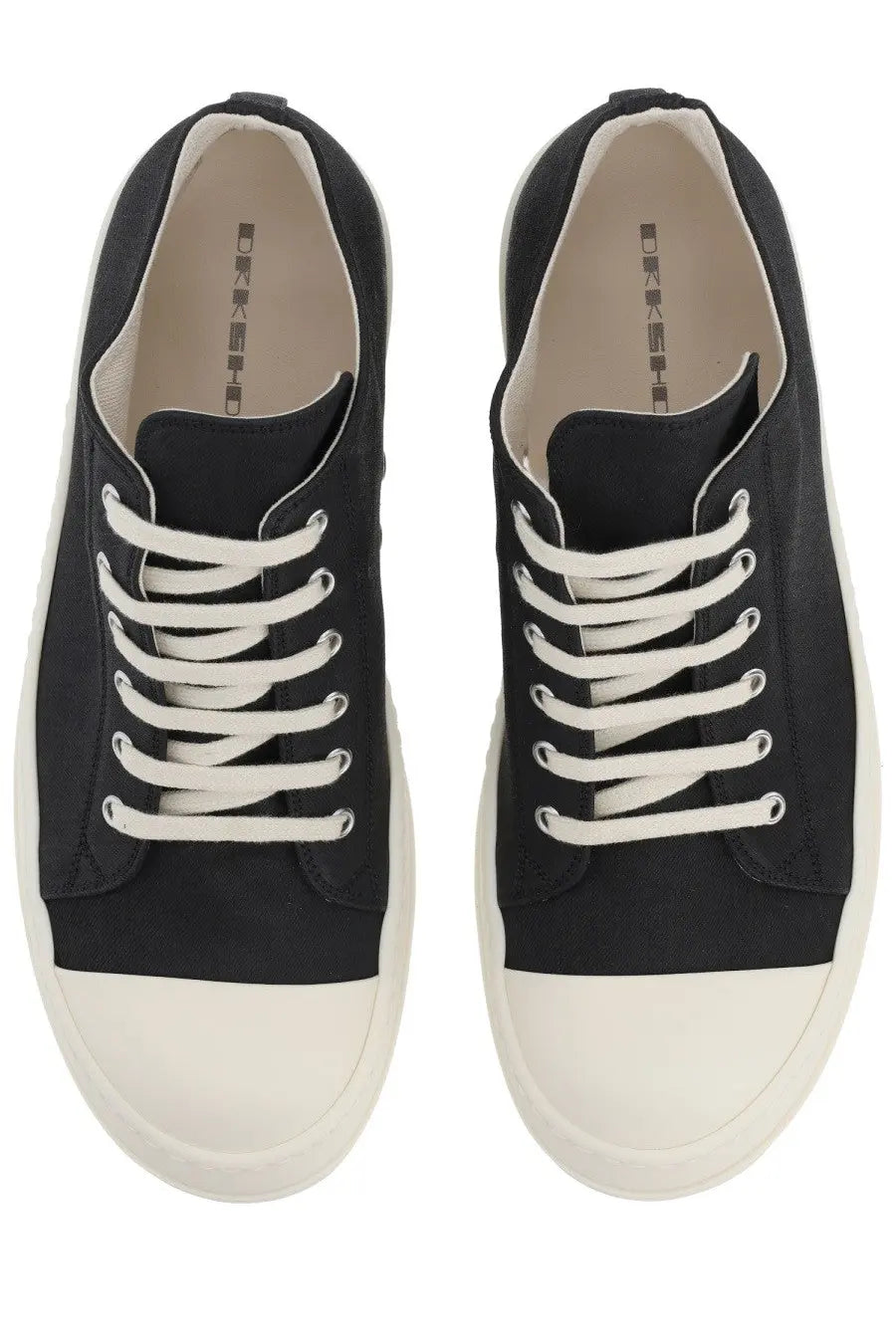Drkshdw men’s low sneaks sneaker black canvas with white laces and off-white rubber sole featuring Rick Owens branding