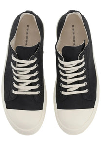 Drkshdw men’s low sneaks sneaker black canvas with white laces and off-white rubber sole featuring Rick Owens branding