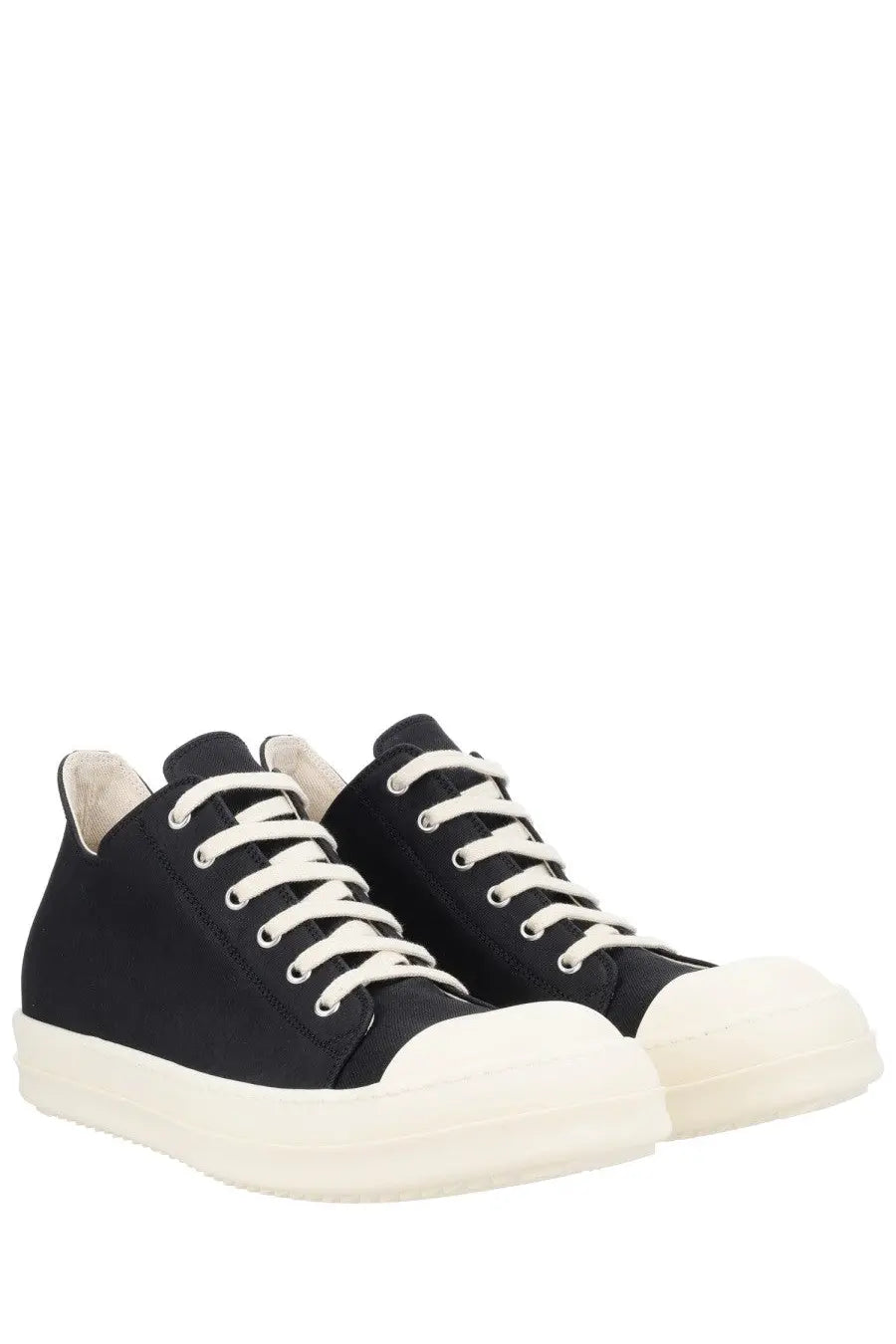 Drkshdw men’s low sneaks sneaker black featuring black high-top design with white laces and off-white rubber toe cap and sole