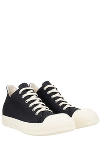 Drkshdw men’s low sneaks sneaker black featuring black high-top design with white laces and off-white rubber toe cap and sole