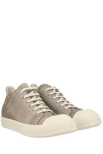 Beige canvas high-top sneakers with white laces and thick off-white rubber sole from drkshdw men’s low sneaks sneaker grey collection