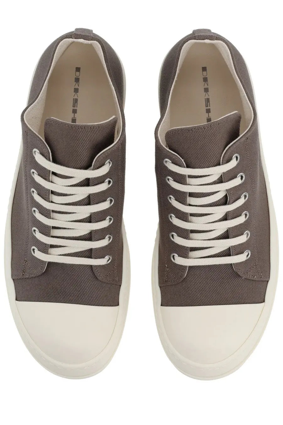 Drkshdw men’s low sneaks sneaker grey canvas with white laces and contrasting white rubber toe cap