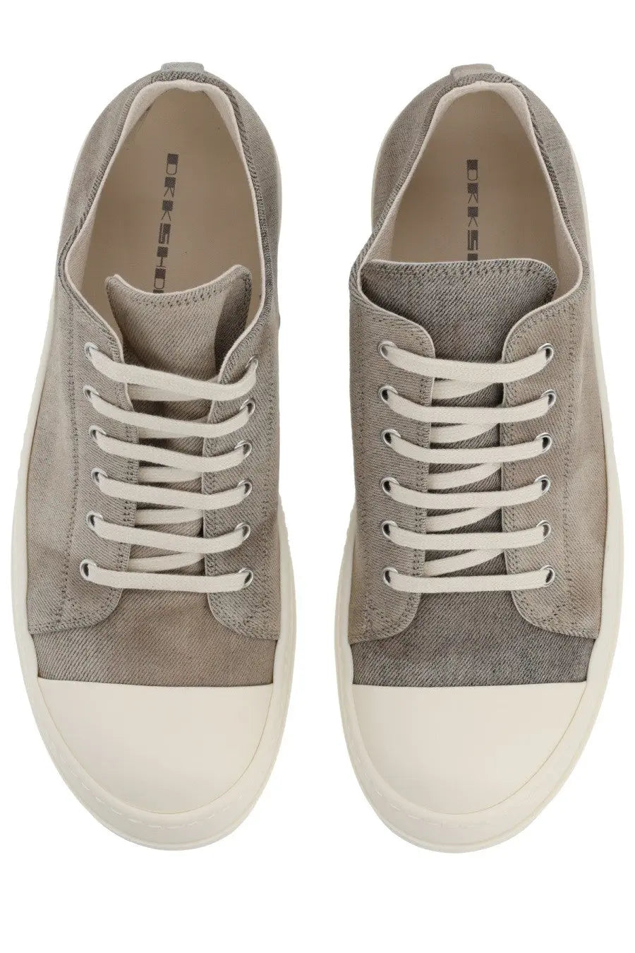 Drkshdw men’s low sneaks sneaker grey with gray suede and canvas, white laces, and off-white rubber toe cap