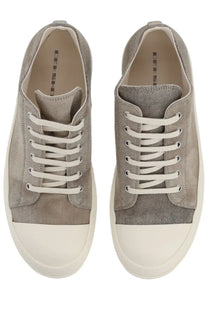 Drkshdw men’s low sneaks sneaker grey with gray suede and canvas, white laces, and off-white rubber toe cap