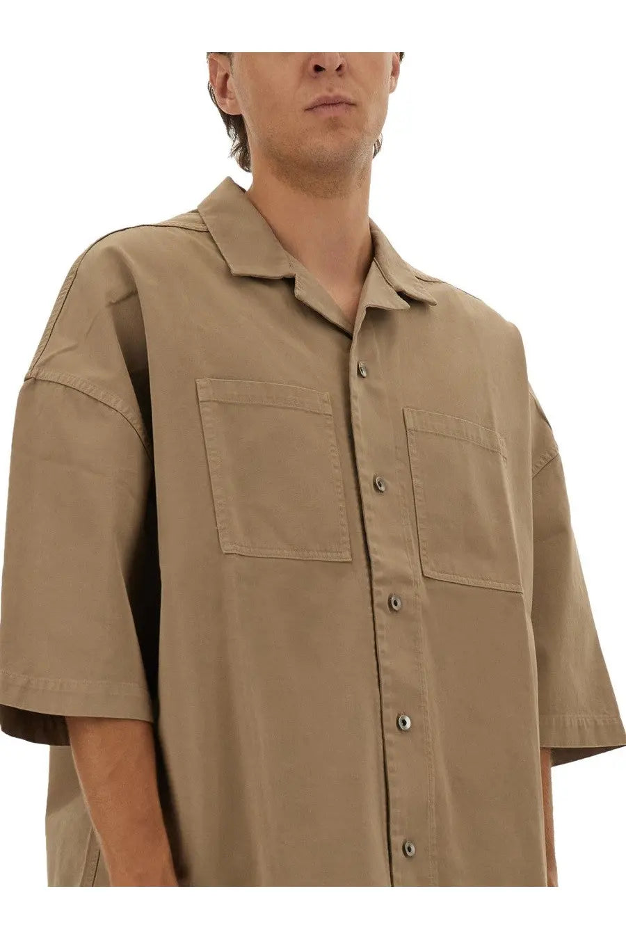 Beige DRKSHDW men’s Magnum Tommy short-sleeved button-up shirt with two chest pockets and a collar