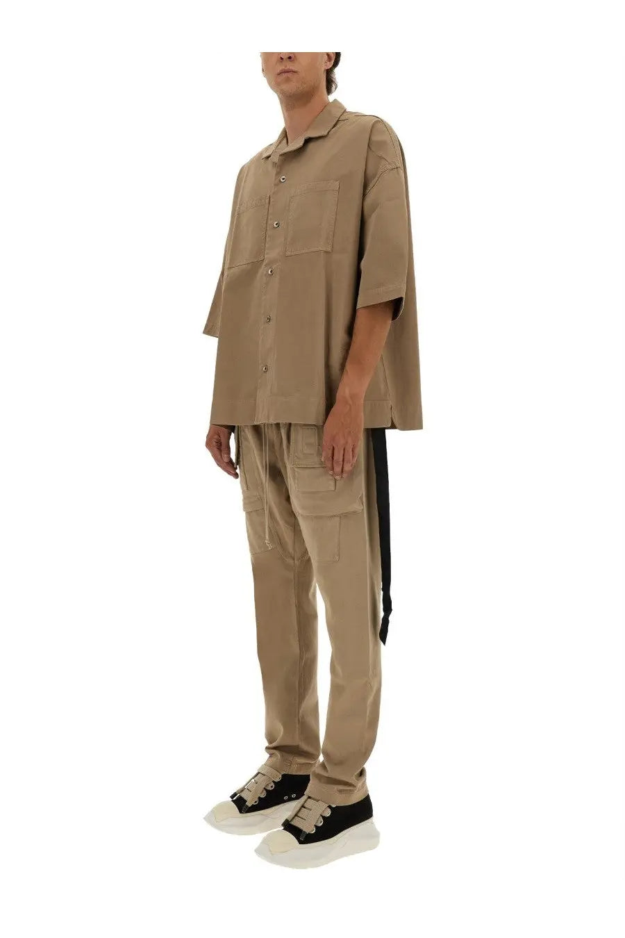 Beige utility-style short sleeve button-front shirt made from durable fabric in drkshdw men’s magnum tommy collection
