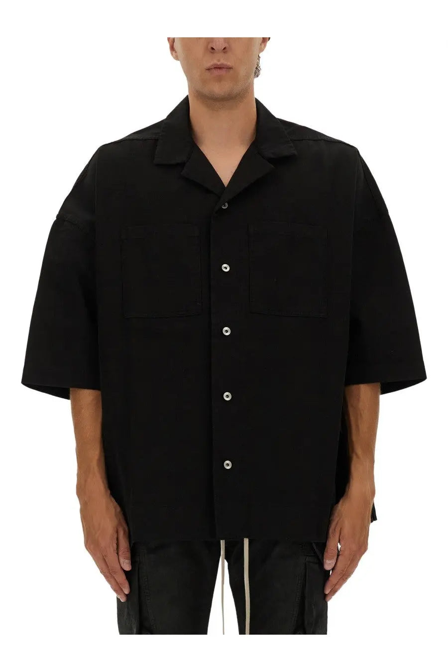 Drkshdw men’s magnum tommy black short-sleeved button-up shirt with white buttons and two chest pockets