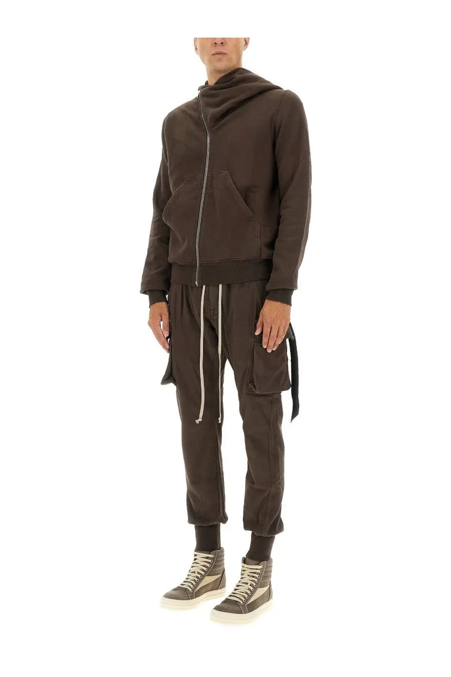 Dark brown drkshdw men’s mastodon cut hooded sweatshirt with front zipper and side pockets paired with cargo pants