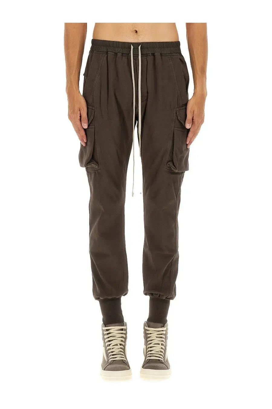 Dark olive drkshdw men’s mastodon cut cargo pants with drawstring waist and multiple side pockets