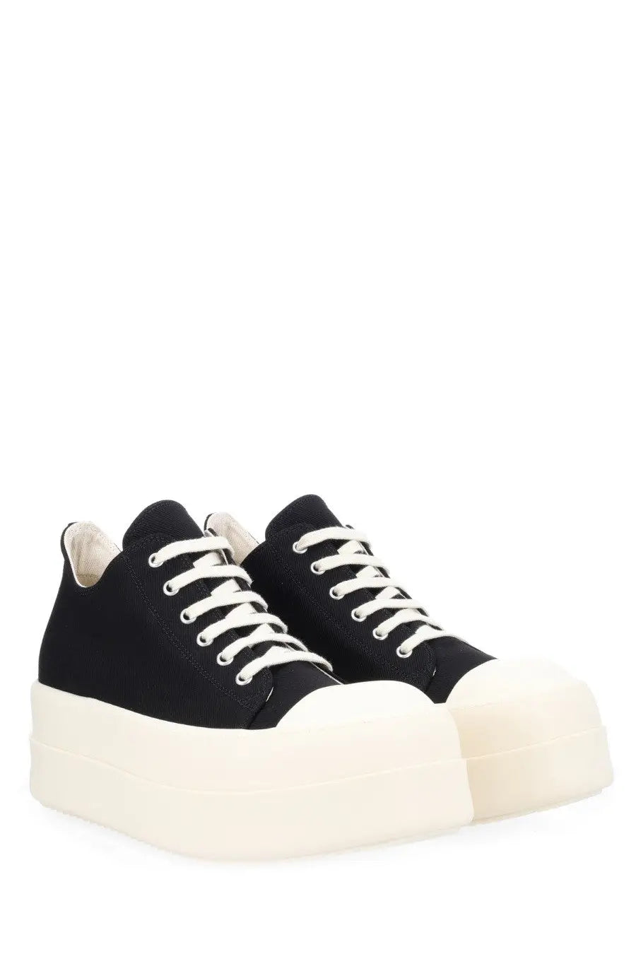 Drkshdw men’s mega bumper low sneaks black canvas high-top sneakers with white laces and thick off-white platform soles