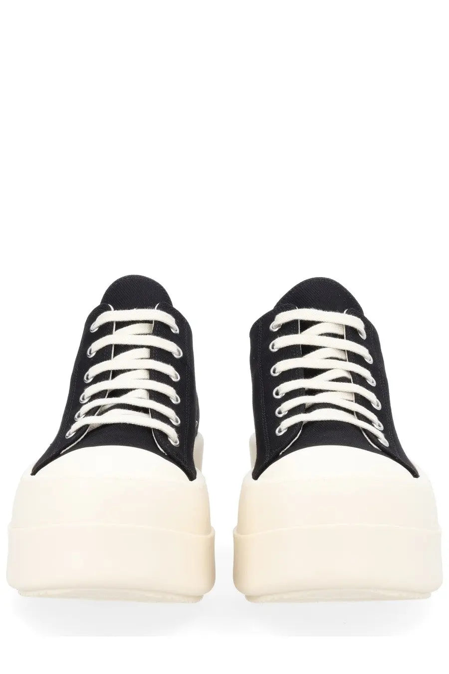 Drkshdw men’s mega bumper low sneaks black canvas sneakers with white laces and thick off-white platform sole