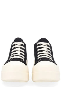 Drkshdw men’s mega bumper low sneaks black canvas sneakers with white laces and thick off-white platform sole