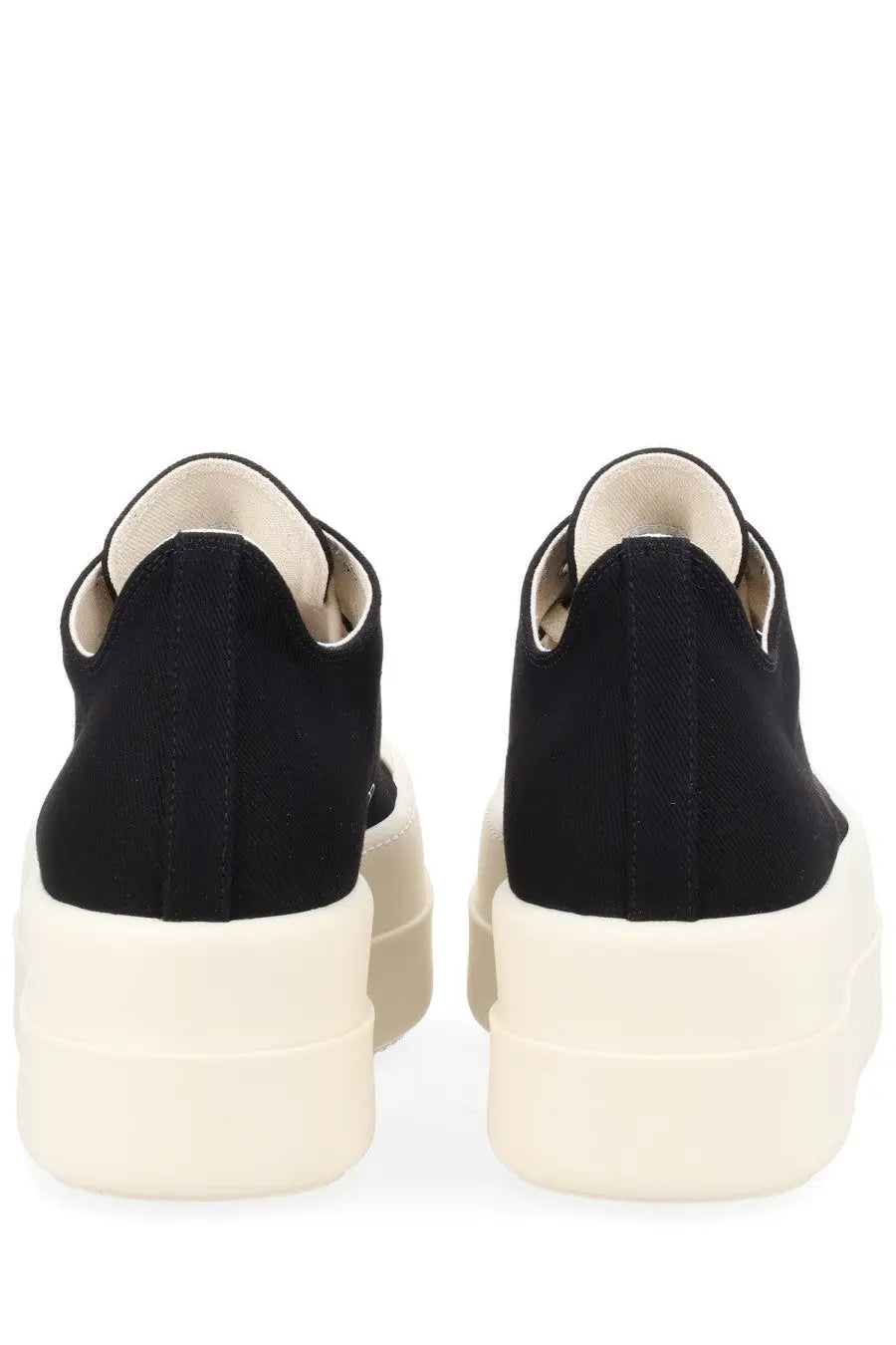 Drkshdw men’s mega bumper low sneakers in black canvas with thick off-white platform sole shown from the back