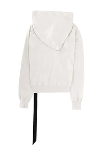 Back view of drkshdw men’s mountain sweatshirt white cropped hoodie with black ribbon tie detail