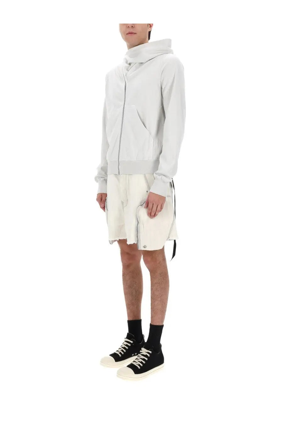 Drkshdw men’s mountain sweatshirt white is a light gray high neck zip up hoodie with subtle texture and drawstring hem