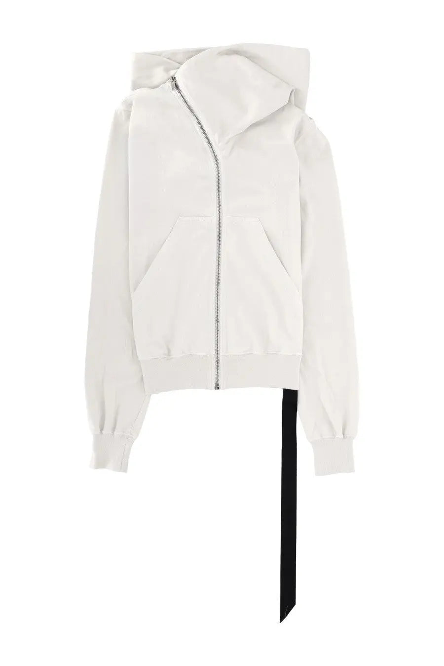Drkshdw men’s mountain sweatshirt white minimalist zip-up hoodie with black ribbon detail at hem