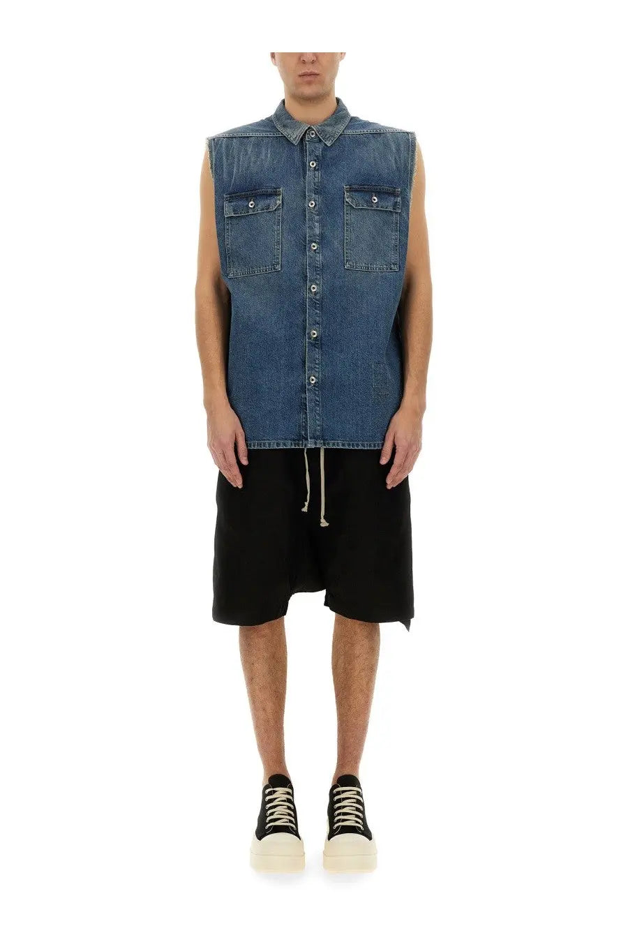 Drkshdw men’s blue denim sleeveless outer shirt with button-up front and two chest pockets jumbo tommy blue