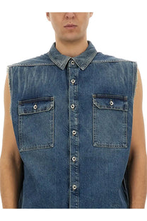 Drkshdw men’s outershirt jumbo tommy blue sleeveless denim shirt with button front collar and chest pockets