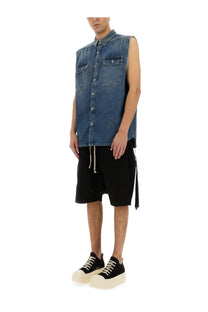 Blue denim sleeveless shirt with two front pockets and button closure from DRKSHDW men’s outershirt jumbo tommy blue