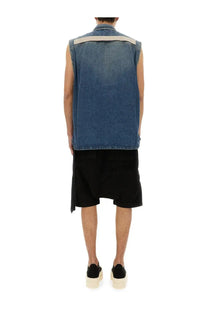 Drkshdw men’s outershirt jumbo tommy blue blue denim sleeveless vest with light gray stripe across shoulders