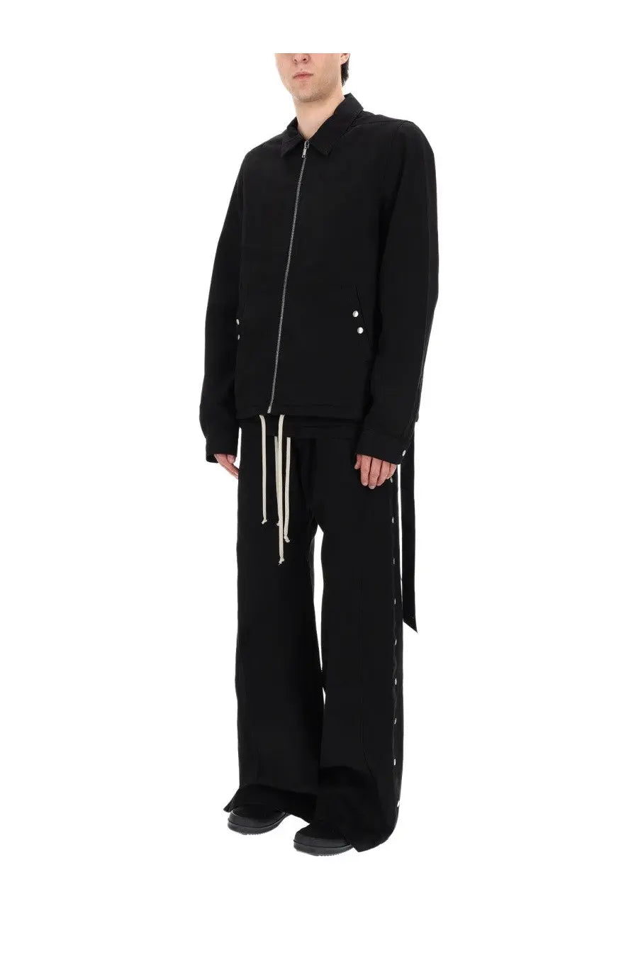 Drkshdw men’s pantalone wide pusher black zip-front jacket with subtle white buttons and minimalist design