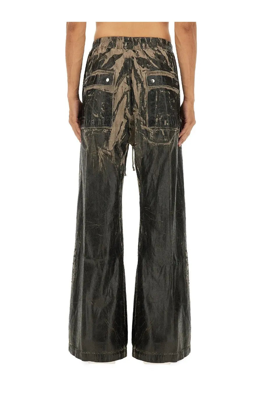 Drkshdw men’s wide-leg pants in black and brown camouflage with glossy distressed finish
