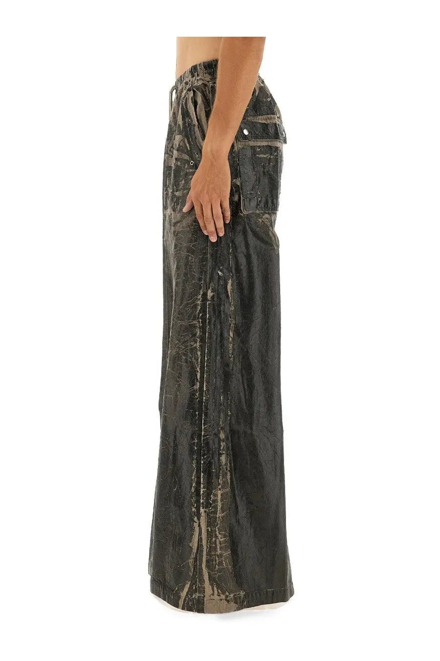 Drkshdw men’s pants geth belas black wide-leg with distressed textured finish and subtle metallic accents