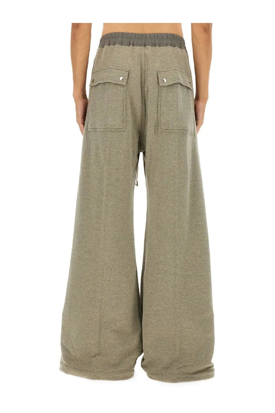 Olive green wide-leg sweatpants with drawstring waistband and silver button pockets in drkshdw men’s geth belas grey