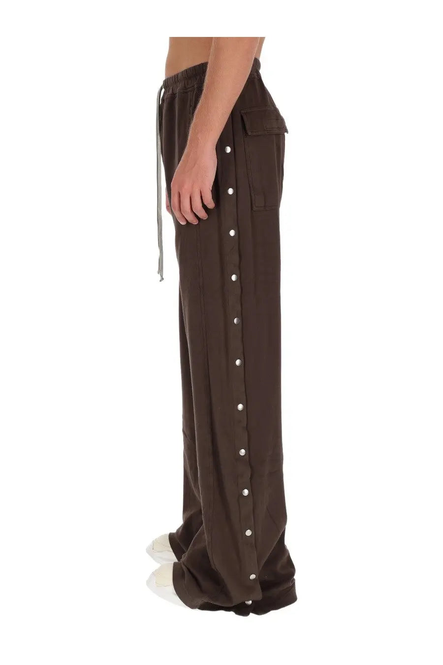 Drkshdw men’s brown wide-leg pants with drawstring waist and vertical white button row down the side