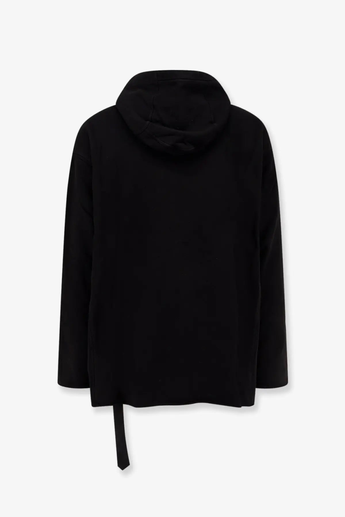 Drkshdw men’s peter cotton sweatshirt black with a sleek black hooded jacket featuring a subtle asymmetrical tie hem