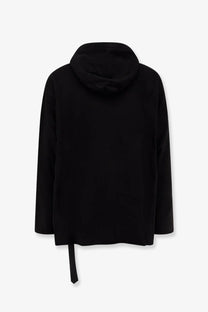 Drkshdw men’s peter cotton sweatshirt black with a sleek black hooded jacket featuring a subtle asymmetrical tie hem