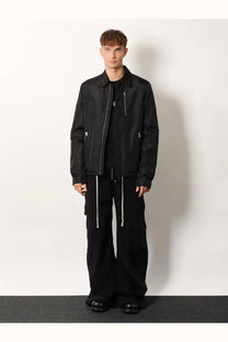 Drkshdw men’s black bomber jacket made from recycled nylon with white zipper pulls and subtle silver hardware accents