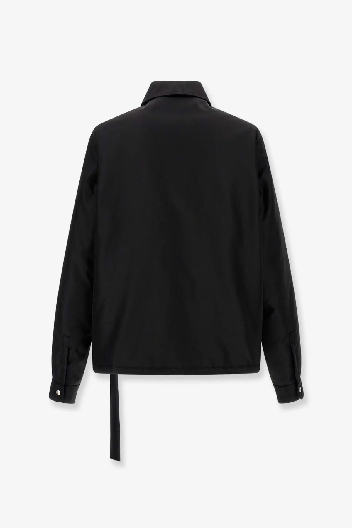Drkshdw men’s recycled nylon black jacket with sleek long sleeves and distinctive asymmetrical tie at the back side