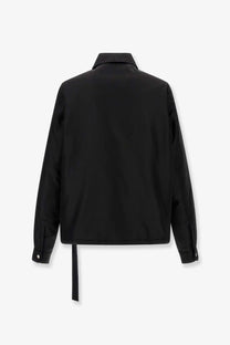 Drkshdw men’s recycled nylon black jacket with sleek long sleeves and distinctive asymmetrical tie at the back side